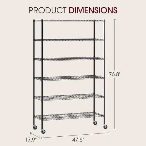 BestOffice 6-Tier Wire Storage Shelves - Heavy-Duty Adjustable Racks with Wheels | 48x18x77 | Black | Easy No-Tool Assembly
