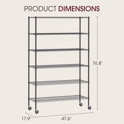 BestOffice 6-Tier Wire Storage Shelves - Heavy-Duty Adjustable Racks with Wheels | 48x18x77 | Black | Easy No-Tool Assembly