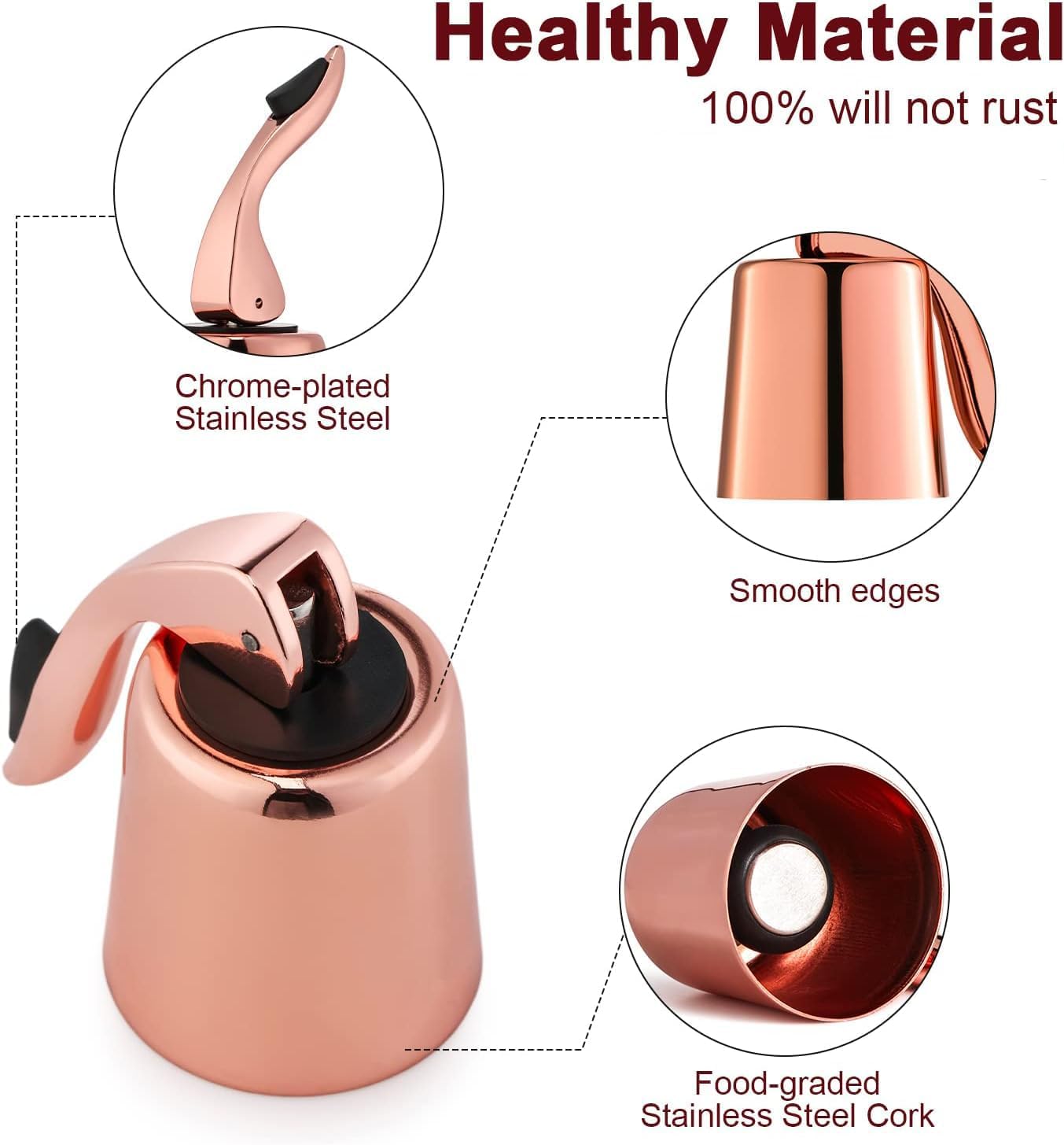 Wine Stoppers for Wine Bottles with Stainless Steel Vacuum Wine Bottle Stopper with Silicone Reusable Wine Corks, Leak proof Keep Fresh Suitable for Red&White Bottle (Rosegold, 1 Pack)