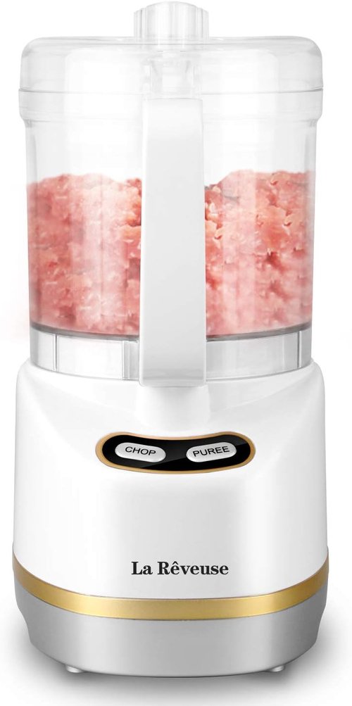 La Reveuse Electric Mini Food Processor - 200 Watts, 2-Cup Bowl for Chopping & Blending | White