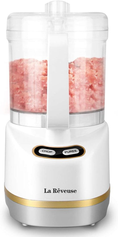 La Reveuse Electric Mini Food Processor - 200 Watts, 2-Cup Bowl for Chopping & Blending | White