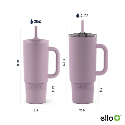 Ello Port 30oz Tumbler with Carry Loop & Integrated Handle | Vacuum Insulated Stainless Steel Reusable Water Bottle Travel Mug | Leak Proof Lid | Flexible Straw | BPA-Free | Dishwasher Safe | Mauve