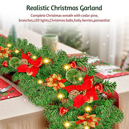 Pre-Lit Christmas Garland with LED Lights 9 Ft Indoor Outdoor Holiday Decor