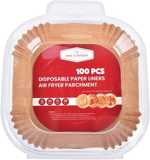 Disposable Air Fryer Paper Liners - 100 Pack Non-Stick 8-Inch Square | Bleach-Free Parchment for Oven Use