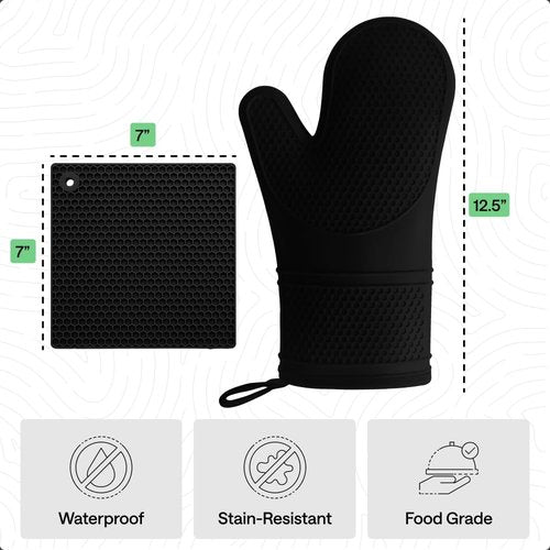 Gorilla Grip Silicone Oven Mitts Set - BPA-Free, Heat Resistant, Flexible Gripping | 4-Piece Black Set