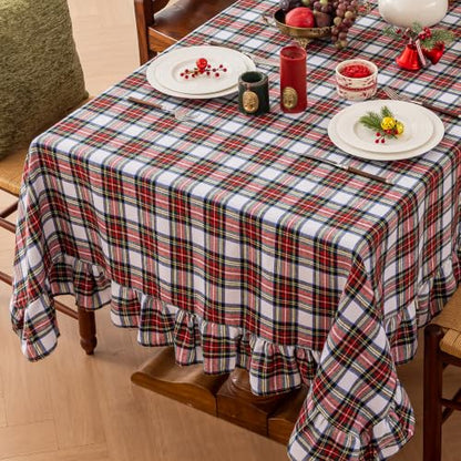 Joyfol Day Christmas Plaid Ruffled Square Tablecloth 60x60 Inch - Red White