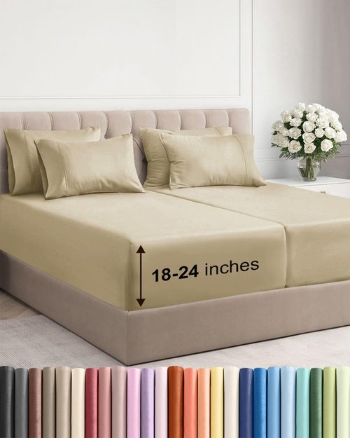 Extra Deep Split King Sheet Set - 7 Piece Breathable and Cooling Sheets - Hotel Luxury Bedding for Women, Men, Kids & Teens - Easy Secure Fit - Soft, Wrinkle Free & Comfy - Extra Deep Pockets - Beige