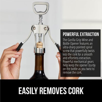 GORILLA GRIP Wine Opener - BPA-Free Zinc Alloy Wing Corkscrew | Easy to Use, Dishwasher Safe, Black