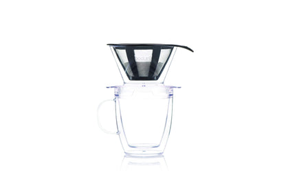 Bodum 12oz Pour Over Coffee Dripper Set w/ Double Wall Mug and Reusable Permanent Filter, Plastic, BPA-Free, Clear