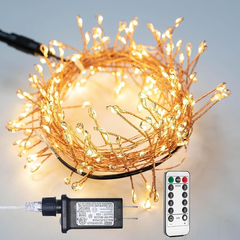 1000LED 100FT Firecracker Fairy Lights Plug-In Warm White, 10-Mode Dimmable Outdoor Indoor
