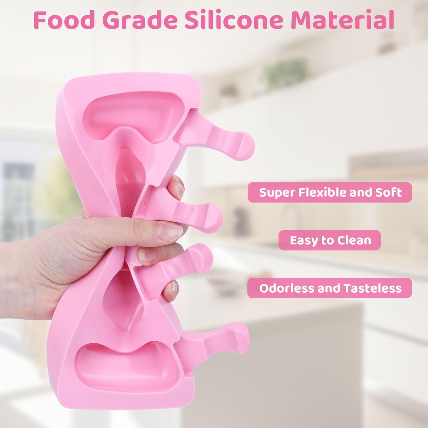 Ouddy Popsicle Molds - Silicone Ice Pop Maker Set with 4 Cavities & 50 Wooden Sticks | Pink