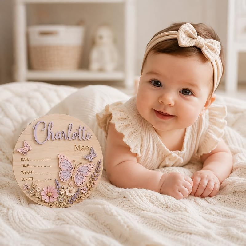 Personalized Baby Name Announcement Sign – Wooden Birth Plaque, Design 2