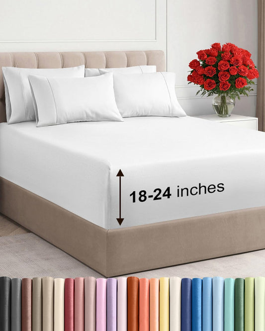 Skiennix Extra Deep King Sheet Set - 6 Piece Breathable Cooling Bedding - Soft, Wrinkle-Free White