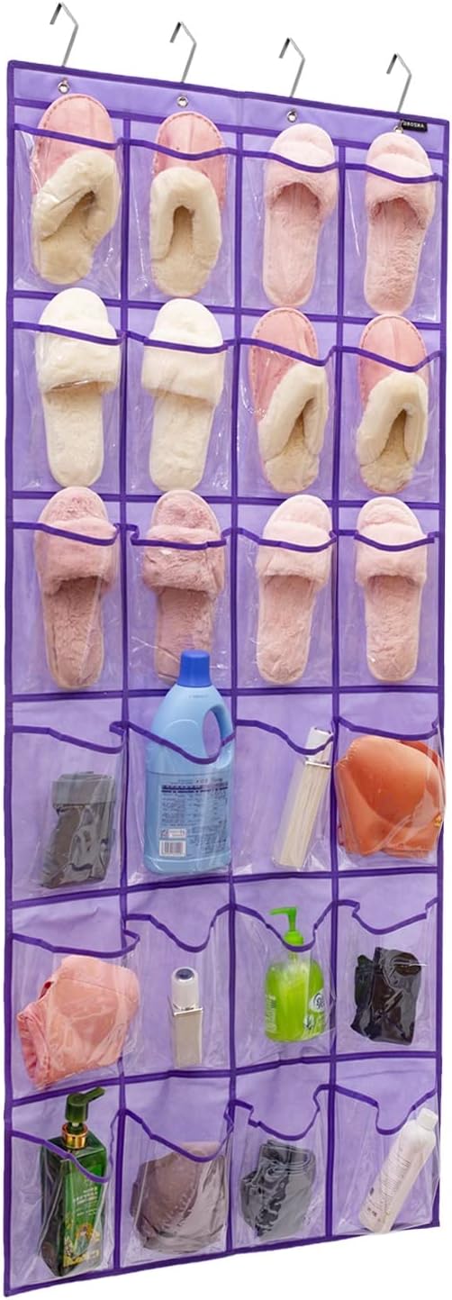 Skiennix Modern Over-The-Door Shoe Rack Organizer - 24 Clear PVC Pockets, Purple