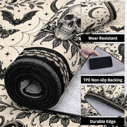 Dark Gothic Crow Spider Area Rug 3x5 ft Vintage Skull Hourglass Floor Mat Pattern 3