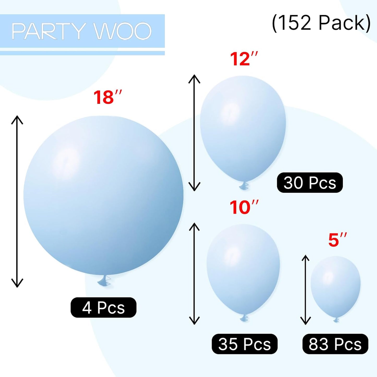 PartyWoo Baby Blue Balloons - 152-Piece Balloon Arch Kit for Graduation & Baby Showers | Various Sizes 5-18 Inch