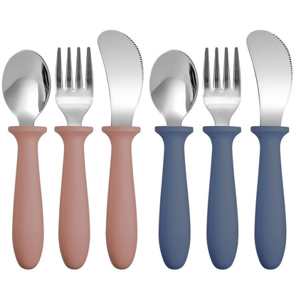 Pimoys 6 Pieces Toddler Utensils Forks,Spoons and Knives,Kids Silverware Set with Plastic Handle Stainless Steel Toddler Silverware,Dishwasher Safe