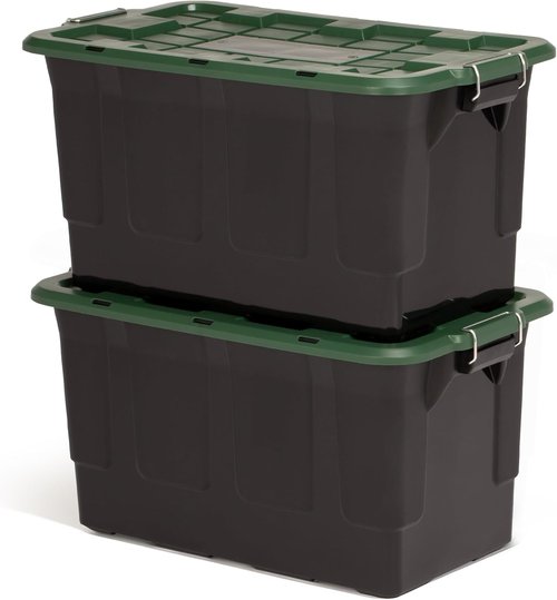 HOMZ 30-Gallon Stackable Storage Bins - Durable Plastic Containers with Lids & Latching Handles | Black/Green 2-Pack