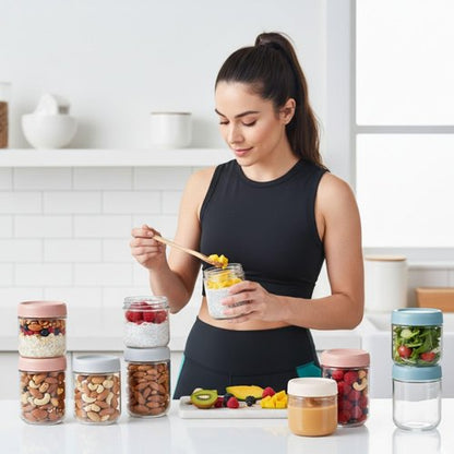 ColoVie Overnight Oats Containers - 8 Pack Stackable Glass Jars with Airtight Lids | 16oz & 10oz Sizes