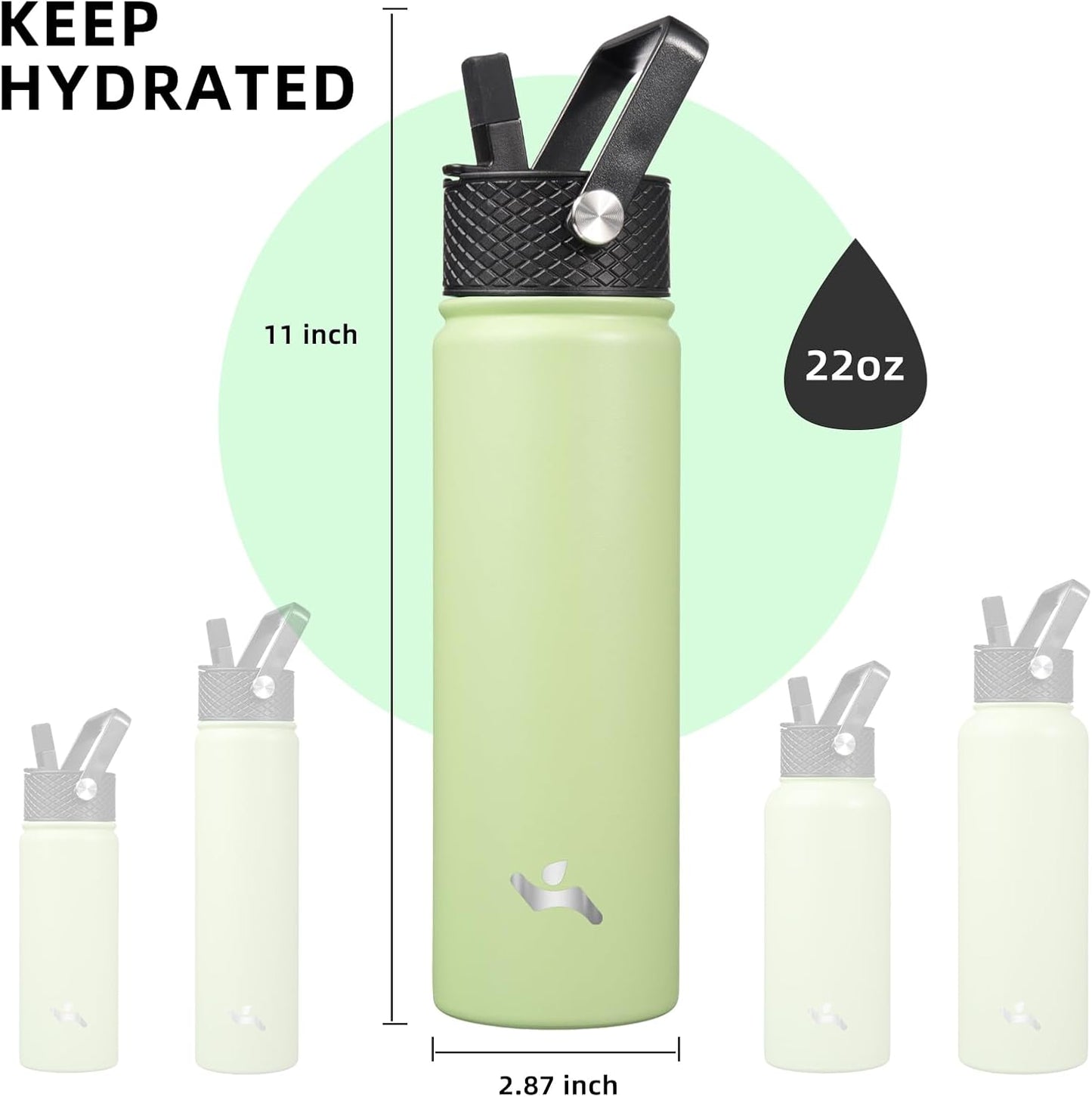 Skiennix 22oz Stainless Steel Water Bottle - Insulated with 3 Lids | Macaron Green Color