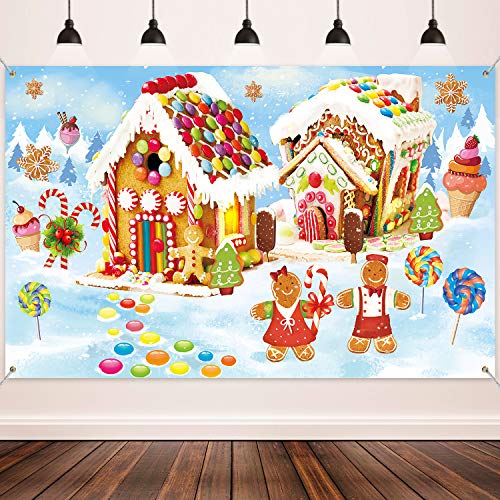 Christmas Gingerbread House Backdrop Fabric Banner for Holiday Parties