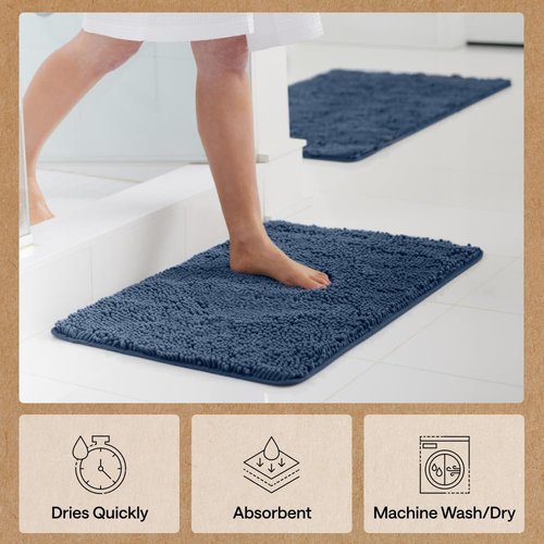 GORILLA GRIP Bath Rug Mat - Soft Absorbent Chenille | Quick-Dry Microfiber, 42x24 Navy Blue