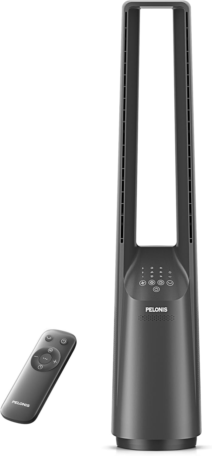Pelonis Bladeless Tower Fan - Ultra-Quiet 22 dB, 6 Speeds, Remote Control, 90° Oscillation, 7-Hour Timer