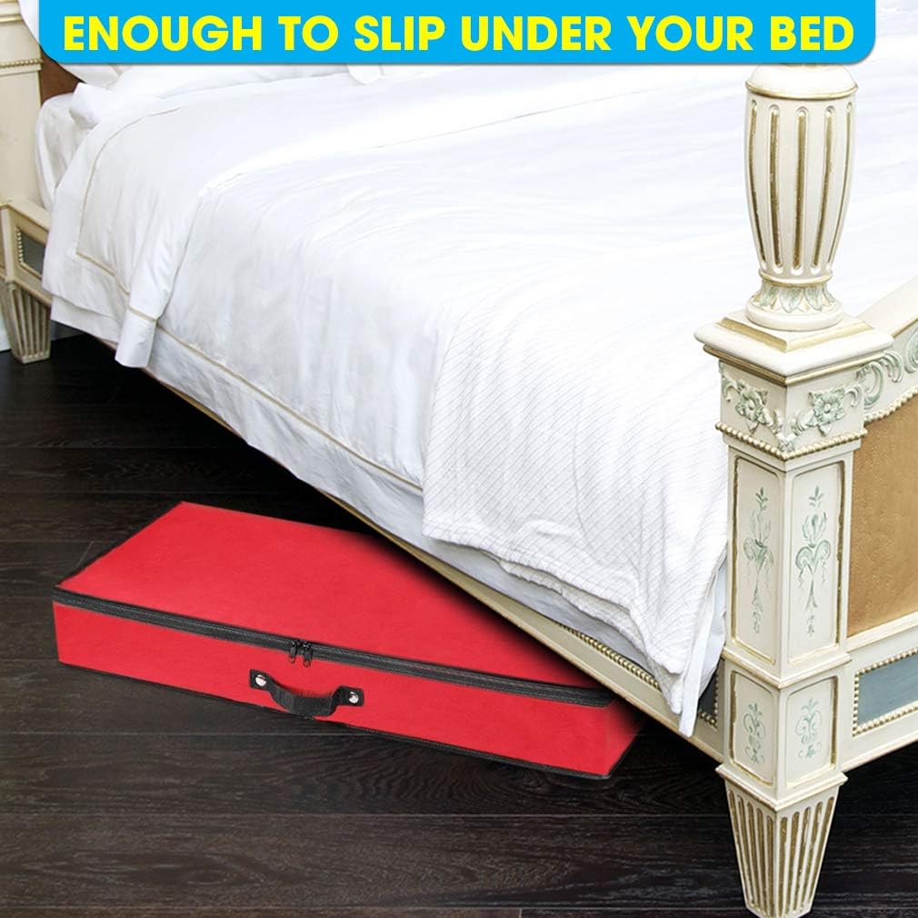 Primode Wrapping Paper Storage Container - Under Bed Organizer for 30-Inch Rolls | 31”x13.5”x4.5” | Durable 600D Oxford Material with Pockets for Ribbons and Bows (Red)