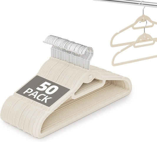 Velvet Hangers 50 Pack - Non-Slip Stackable Clothes Hangers with 360° Swivel Hooks | Ivory Felt Design