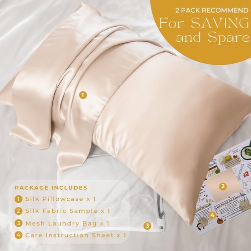 PROMEED 100% Mulberry Silk Pillowcase for Hair and Skin, Both Sides 23 Momme Grade 6A+ Silk Pillow Case with Hidden Zipper, 1400 TC, Soft & Smooth (Standard 20"x26", Champagne)