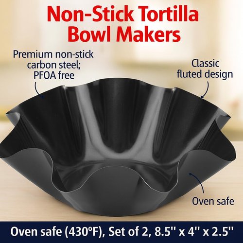 HIC Kitchen Non-Stick Tortilla Bowl Makers - PFOA Free Carbon Steel, 8.5 x 2.5-Inches, Set of 2