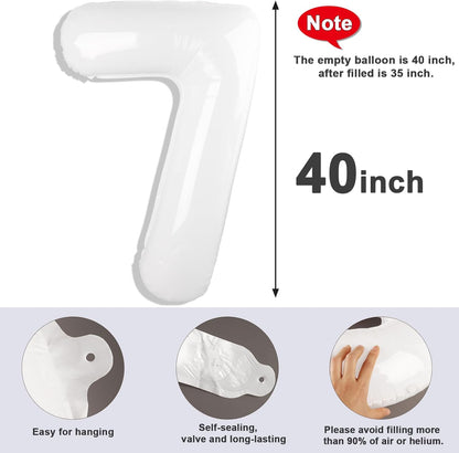 Number 7 Balloon - 40 Inch White Birthday Decoration for 7th, 17th, 27th, and 70th Celebrations