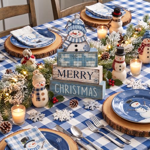 Christmas Snowman Wooden Sign & Book Decor Set - Blue Snowman Variation