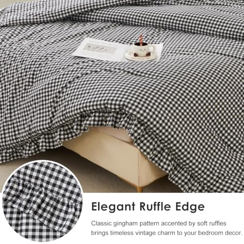 Gingham Checkered Twin Comforter Set with Ruffle Edges - Black & White