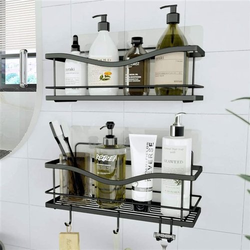 KINCMAX Premium Shower Caddy - Self-Adhesive Organizer with 4 Hooks | Rustproof Stainless Steel, Matte Black