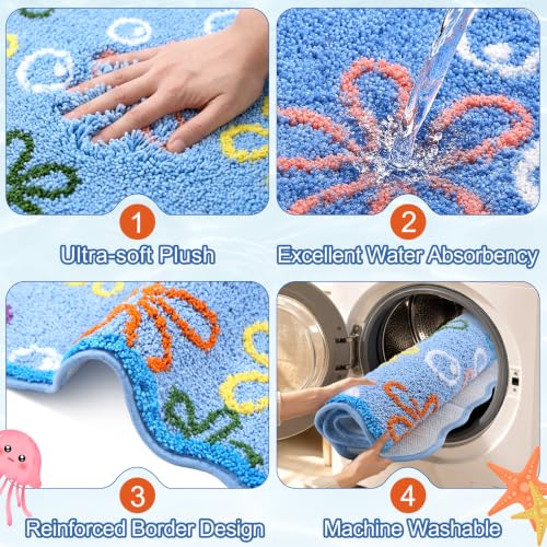 Cartoon Bubble Bath Rug Set Non-Slip Floral Bathroom Mat - Blue