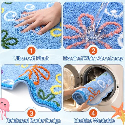Cartoon Bubble Bath Rug Set Non-Slip Floral Bathroom Mat - Blue