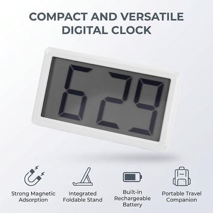 Mini Digital Clock - White, Battery Powered, 3.3in Display, Desktop & Magnetic Mount