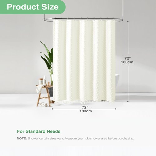 Dynamene Cream Boho Fabric Shower Curtain, Tufted Chevron Striped Tassel Textured Shower Curtain for Bathroom, Farmhouse Elegant Waterproof Minimalist Cloth Shower Curtain Set, 12 Hook, 72x72