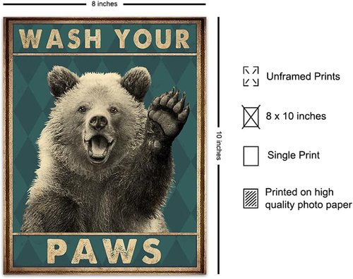 Bear Poster by Wash Your Hands | Kids Bathroom Wall Art & Funny Decor - 8x10 Unframed