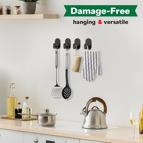 Aikzik Towel Hooks - 12 Pcs Black Adhesive Wall Hooks with 16 Removable Strips for Bathroom & Kitchen