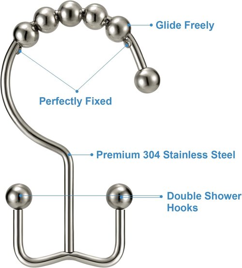 Shower Curtain Hooks Rings, Double Sided Shower Hooks Rust Proof for Bathroom Shower Rods Curtain, Durable Stainless Steel Bathroom Shower Curtain Hangers, Silver, Set of 12