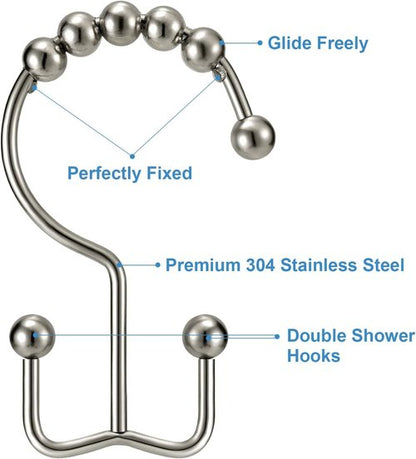 Shower Curtain Hooks Rings, Double Sided Shower Hooks Rust Proof for Bathroom Shower Rods Curtain, Durable Stainless Steel Bathroom Shower Curtain Hangers, Silver, Set of 12