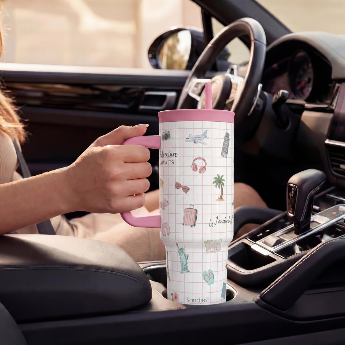 SANDJEST Stainless Steel Travel Tumbler - 40oz Insulated Cup with Locking Lid & Silicone Straw | Perfect Gift for Women