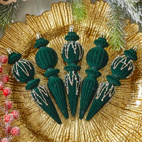 Dark Green Velvet Christmas Ornaments Set - 6 Shatterproof Plastic Holiday Balls