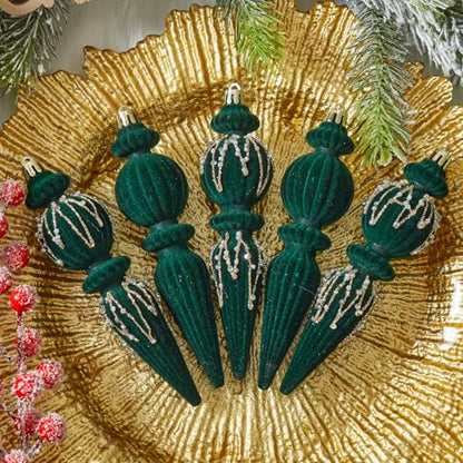 Dark Green Velvet Christmas Ornaments Set - 6 Shatterproof Plastic Holiday Balls
