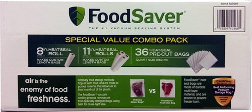 FoodSaver Vacuum Seal Combo Pack - Includes 1-8" Roll, 4-11" Rolls & 36 Pre-Cut Bags