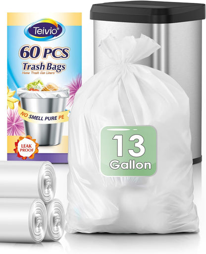 Teivio 13 Gallon Tall Kitchen Trash Bags - 60 Count Clear Garbage Bags for Home & Office Use