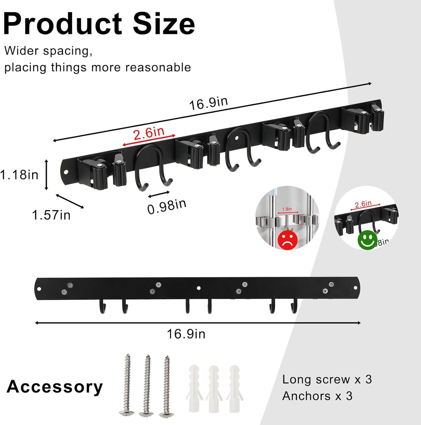 Skiennix Broom Holder Wall Mount - Stainless Steel Mop Hanger with 4 Slots & 6 Hooks | Black 1-Pack for Home Organization