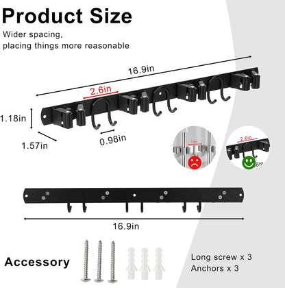 Skiennix Broom Holder Wall Mount - Stainless Steel Mop Hanger with 4 Slots & 6 Hooks | Black 1-Pack for Home Organization